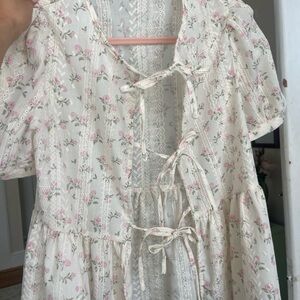 Ivory Floral Tie-Front Dress with Pink Rose Print